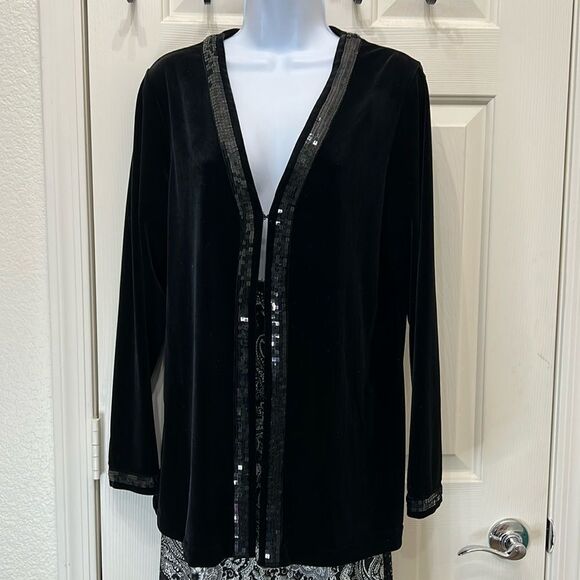 Quacker Factory Black Blazer Jacket with Sequin Trim Sz Small VNeck Long Sleeve - Picture 1 of 11